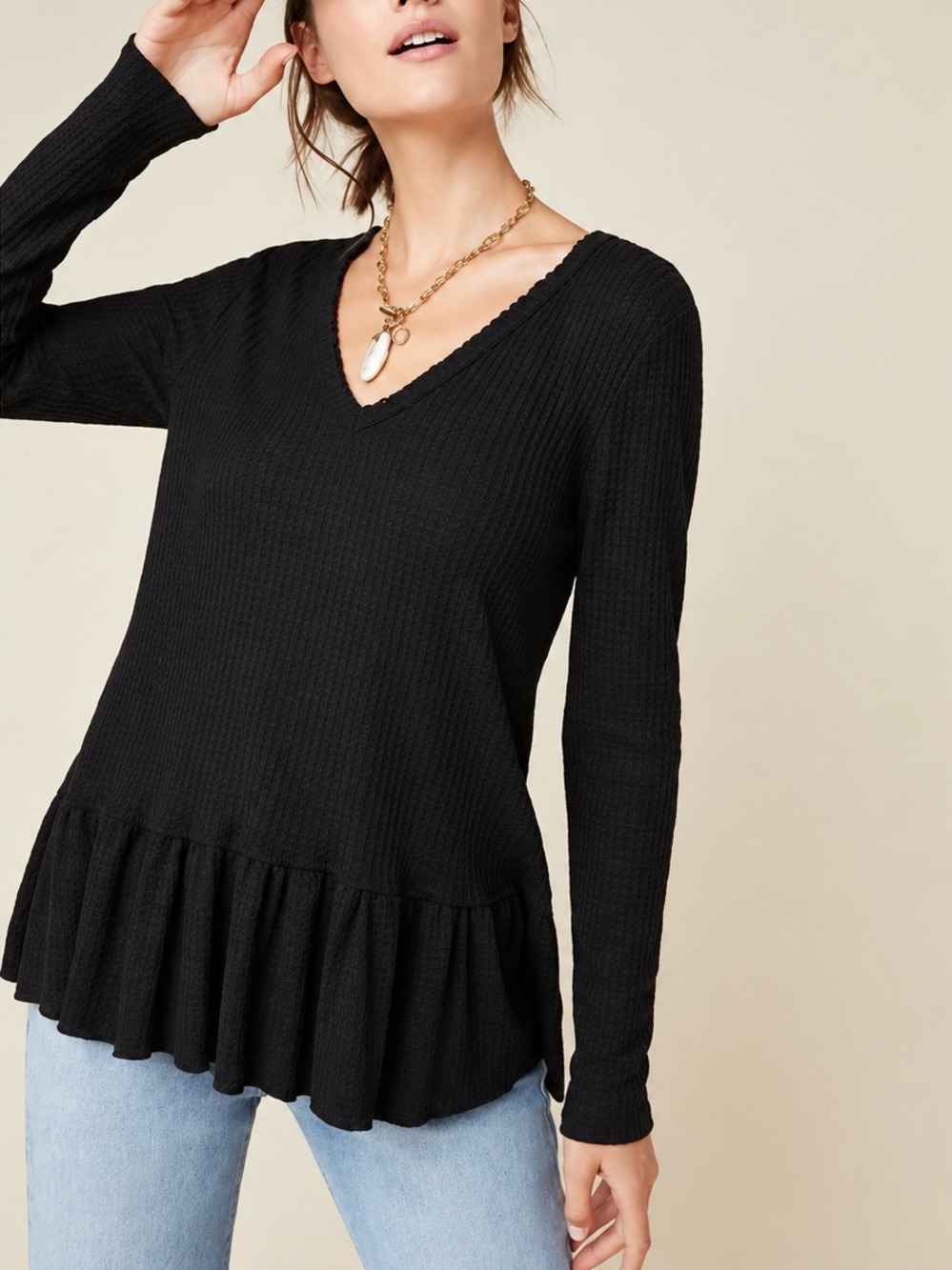 Anthropologie Eri + Ali Black Waffle Knit Long Sleeve Peplum Top Casual Cozy XS